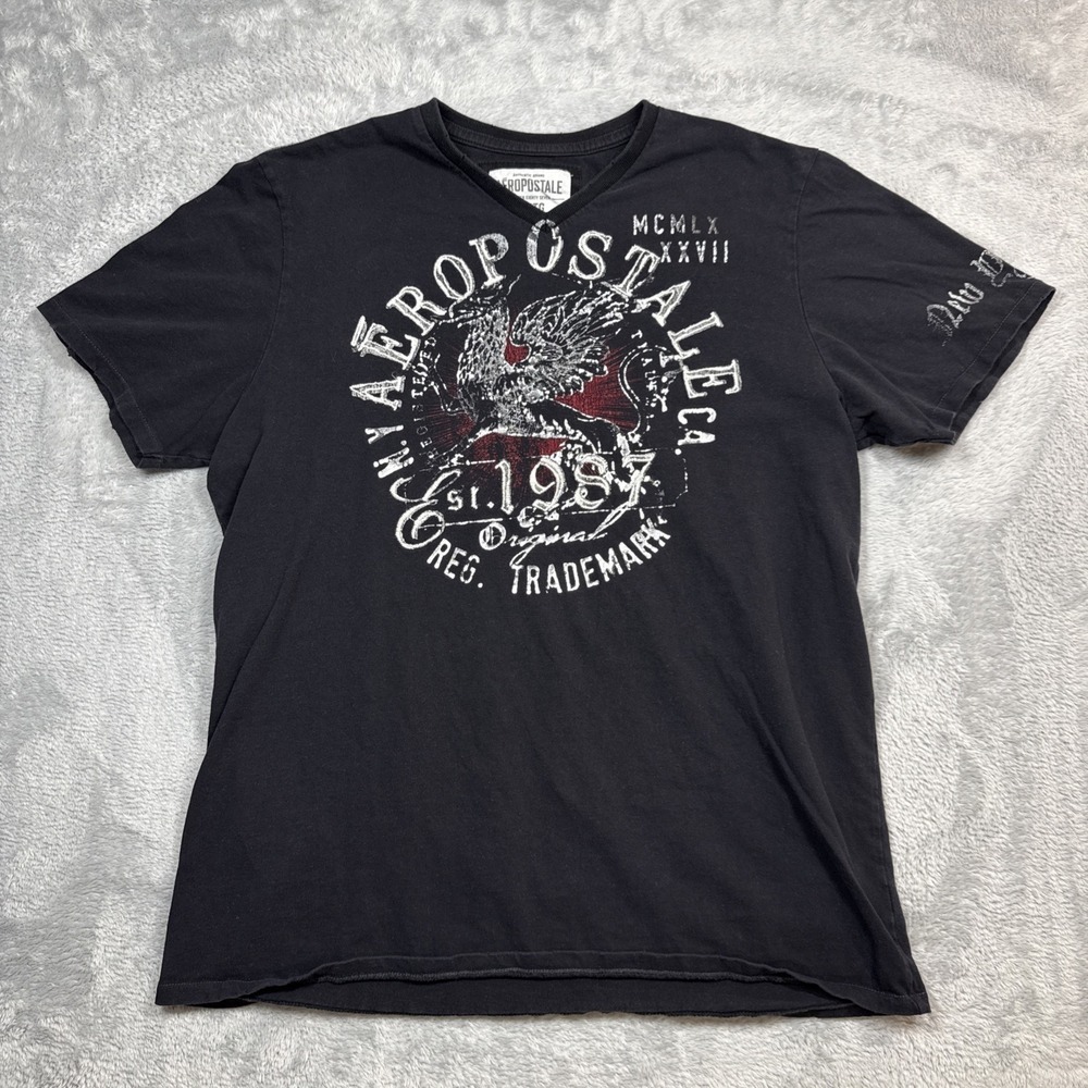 Aeropostale V Neck Shirt Men XL Black New York 1987 Embroidered Y2K